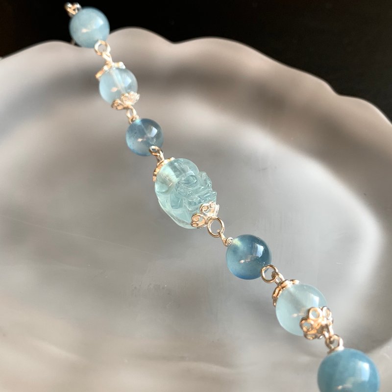 天然 海藍寶手鍊 招財貔貅手鍊 手串 925銀手鍊 客製化 送禮 開運 - 手鍊/手鐲 - 半寶石 藍色