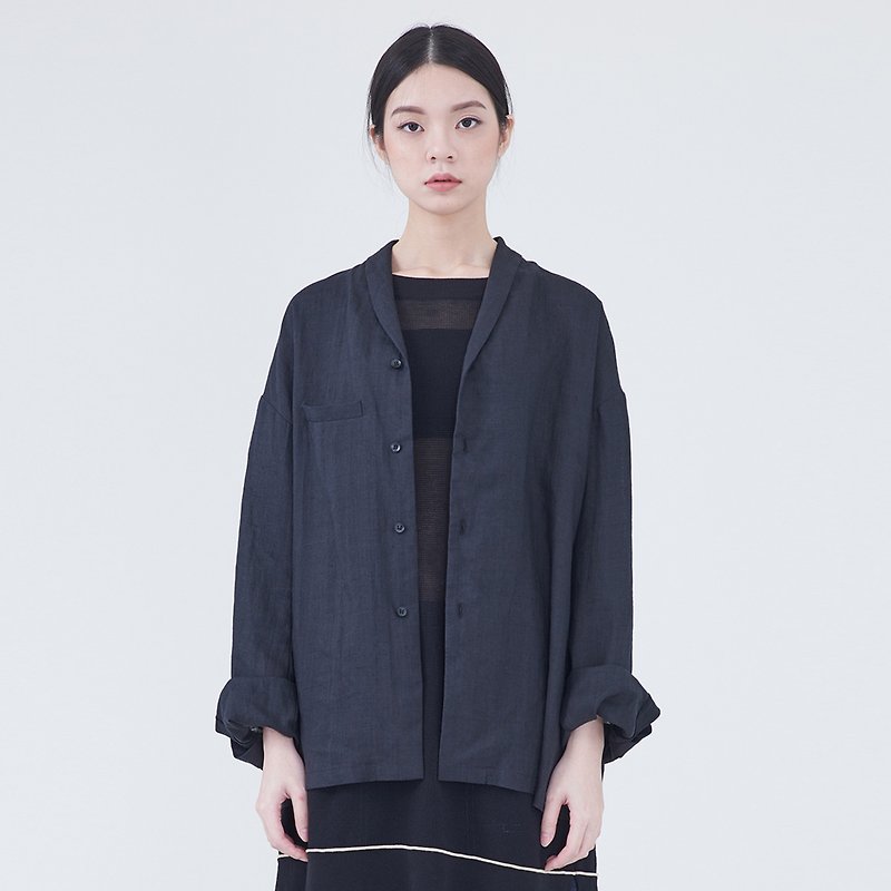 shawl lapels linen jacket - เสื้อโค้ทผู้ชาย - ผ้าฝ้าย/ผ้าลินิน สีดำ