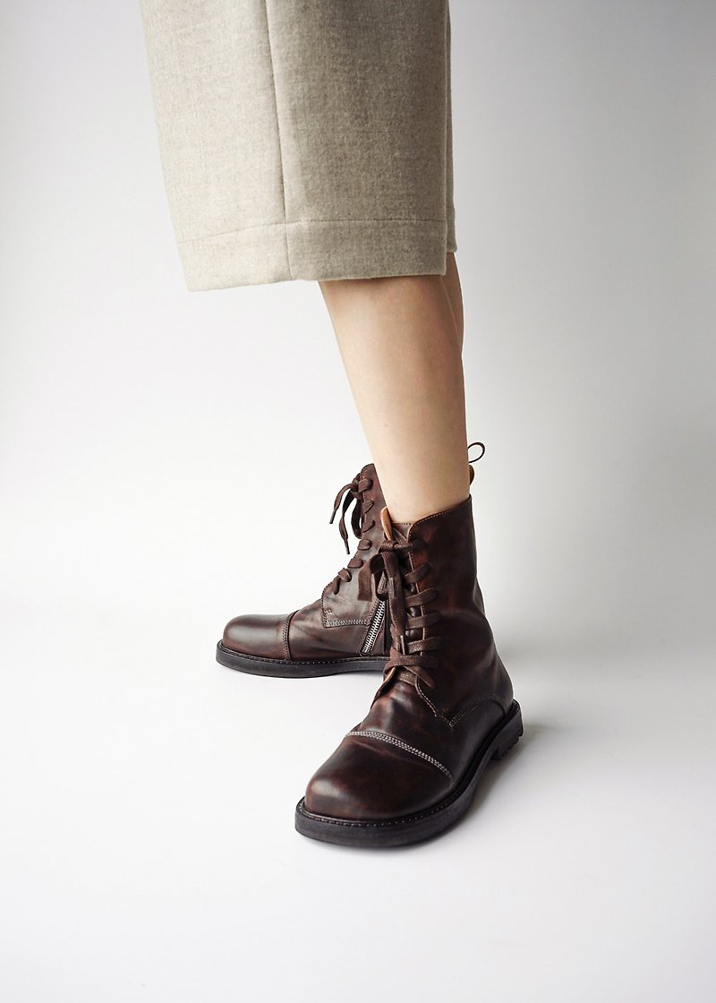 Leather handmade seven-hole Martin boots paratrooper boots durable red wine Brown - รองเท้าหนังผู้หญิง - หนังแท้ 