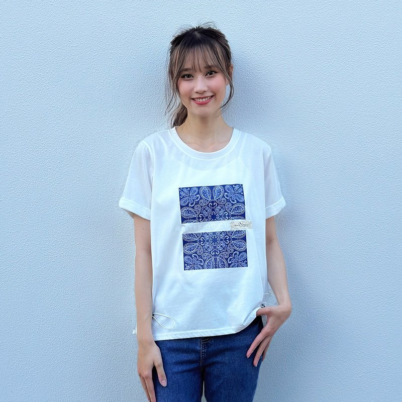 Hana Mokuba 圓領圖騰印花兩側收口上衣 - 女上衣/長袖上衣 - 其他材質 