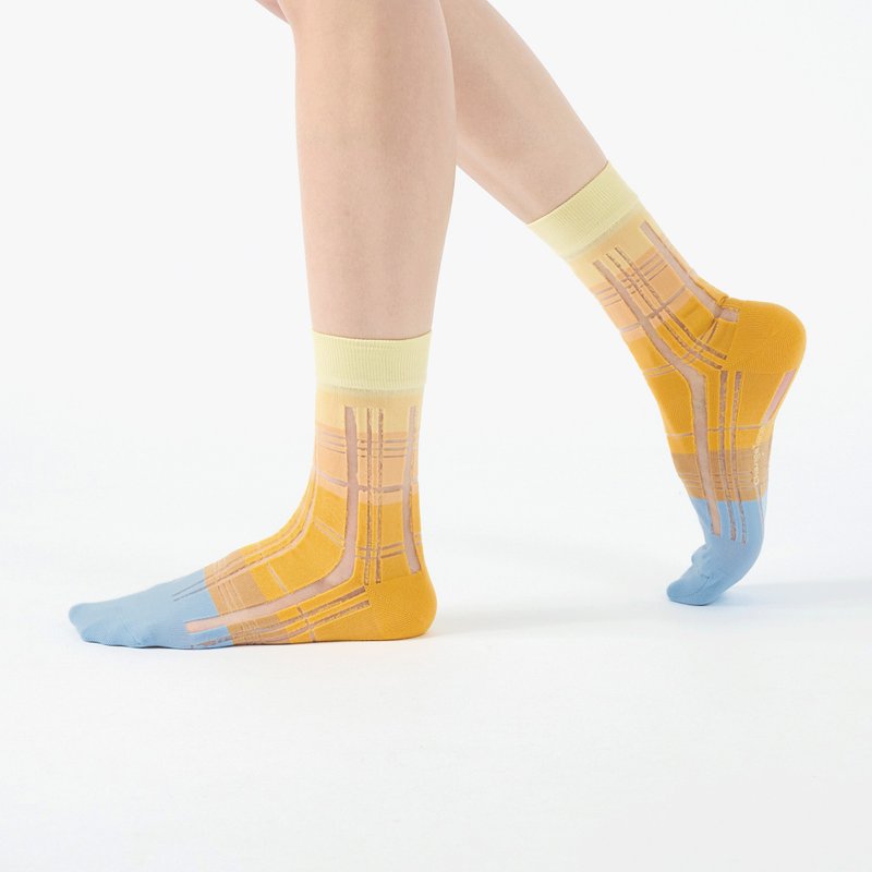 Dawn/Warm Yellow (M)-MIT designed transparent mid-calf socks - ถุงเท้า - ผ้าฝ้าย/ผ้าลินิน สีเหลือง