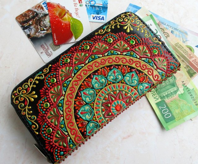 Women Leather Purse With Painting Mandala Handmade Wallet 