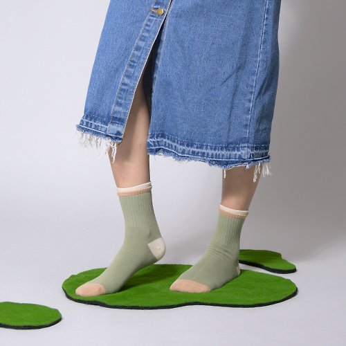 VOLA維菈文創 百搭翻玩色彩 台灣製 撞色 雙層 穿搭襪 中筒襪 長襪 女襪 綠色