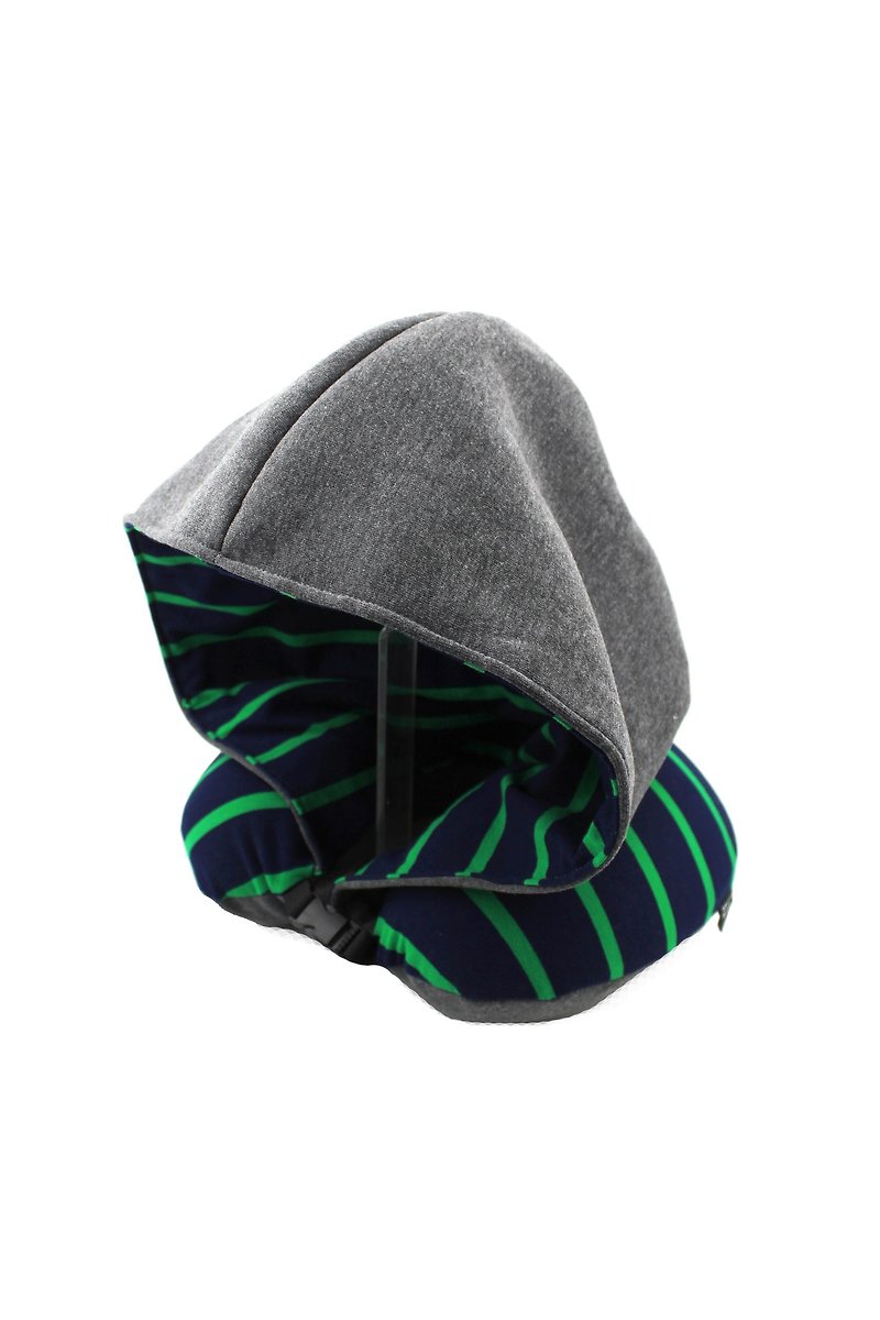 Strip Nevy Blue Green Hoodie Memory Foam Neck Cushion - หมวก - ผ้าฝ้าย/ผ้าลินิน สีเขียว