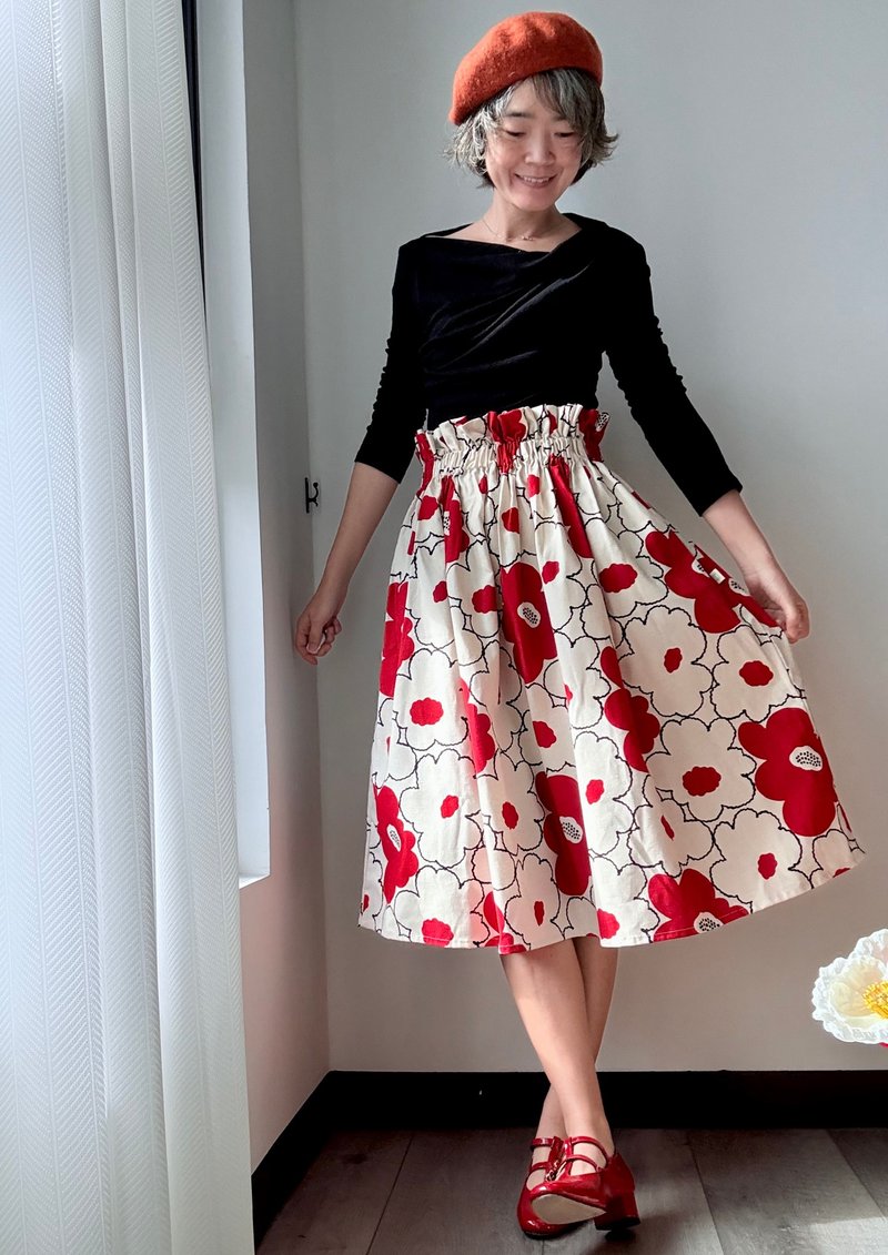 高腰花苞長裙紅花款 - 裙子/長裙 - 棉．麻 紅色