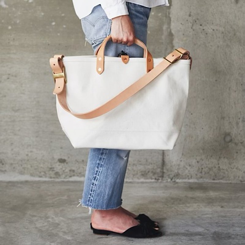 Canvas Leather Tote Bag M Natural | Large Capacity White Commuting to Work or School Men's Women's Gift - Messenger Bags & Sling Bags - Cotton & Hemp 