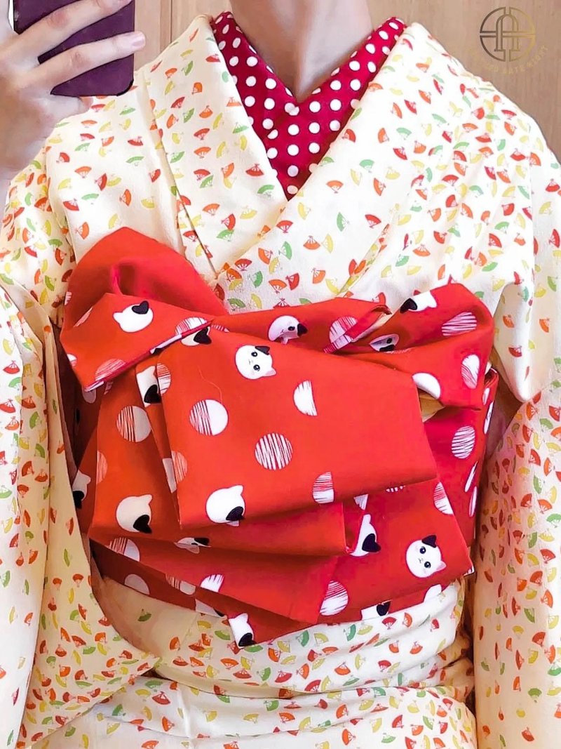 Red Polka Dot Cat Hanhaba Belt, Red Half-Width Obi for Yukata/Komon Kimono - Belts - Polyester Red