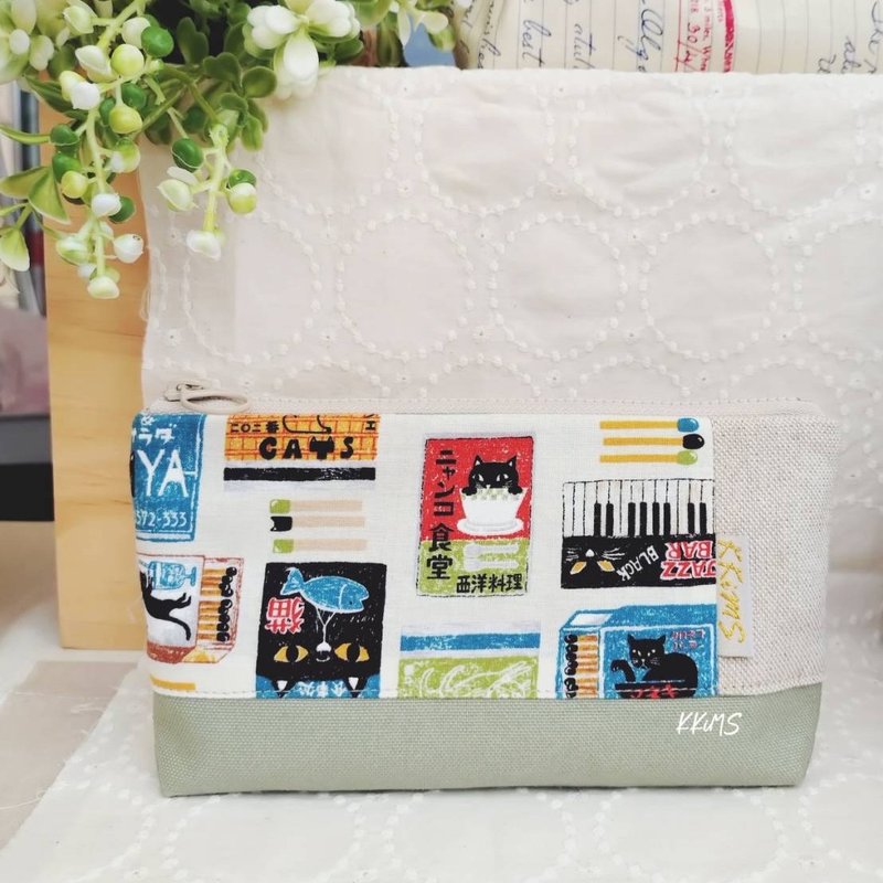 [FZK/Universal Storage Bag (Medium)] Cat Matchbox Japanese Canvas French Glitter Cloth - Pencil Cases - Cotton & Hemp Green