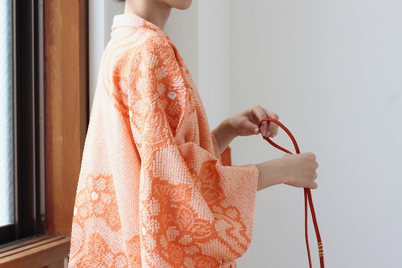 shibori kimono, orange cardigan, silk cardigan /4190 - เสื้อแจ็คเก็ต - ผ้าไหม สีส้ม