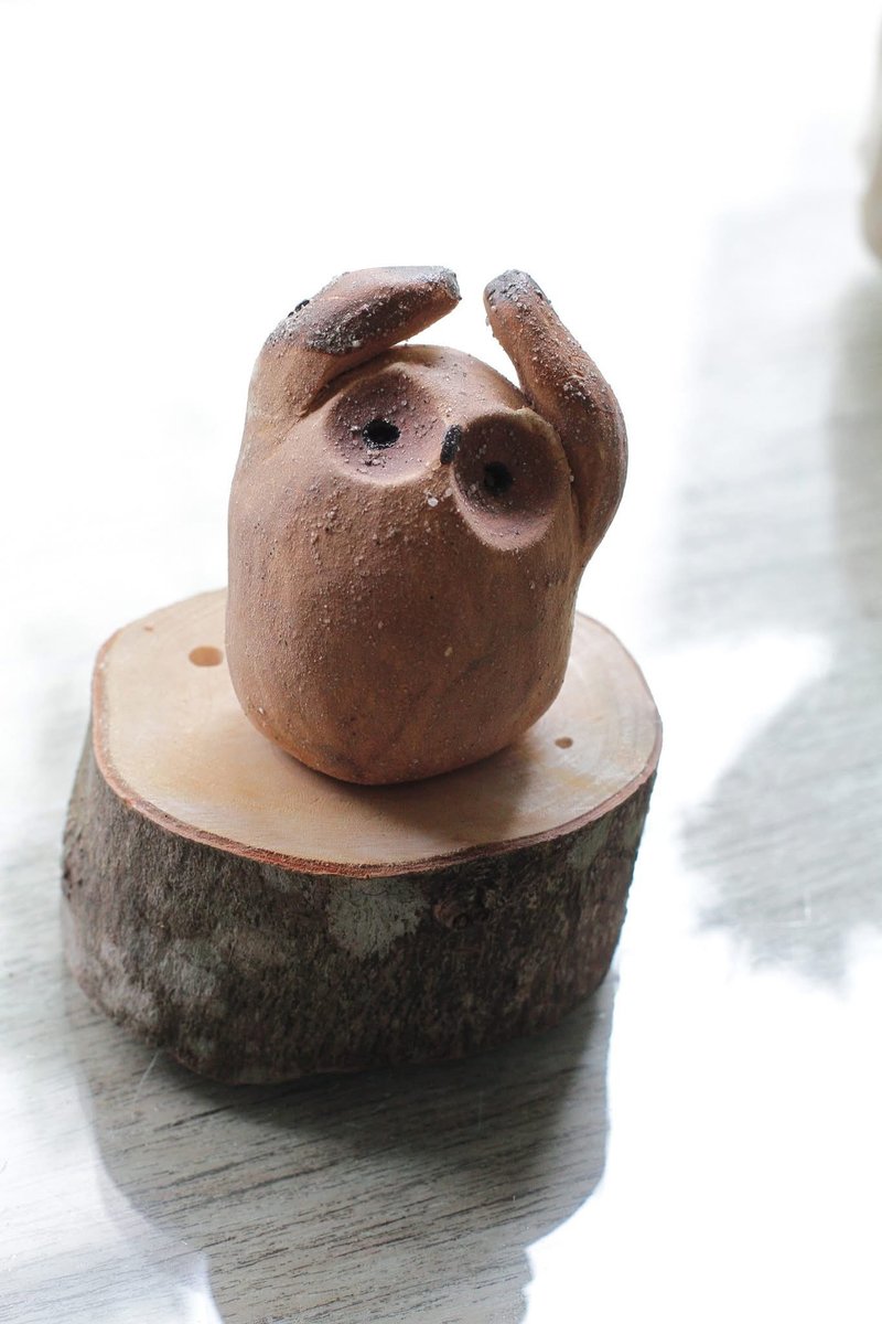 Purely handmade ceramic owl ornament including wooden base 6 - Items for Display - Pottery Brown