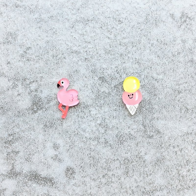 Pista mound hand-painted earrings/season-flamingo+ice cream - Earrings & Clip-ons - Resin Pink