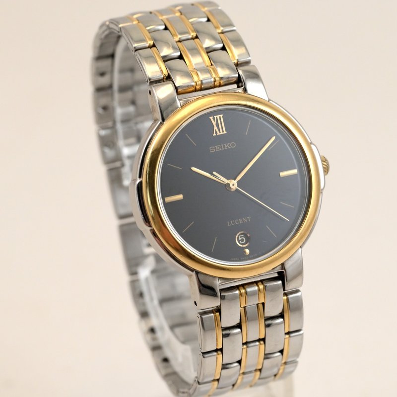 SEIKO LUCENT 7N22-6B20 ユニセックス 1984年 ダークブルーダイヤル デイト付 クォーツ ゴールド×シルバーコンビブレス  手錶 古董錶 - 女錶 - 不鏽鋼 藍色