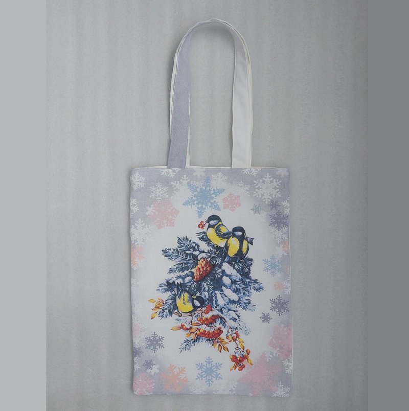 Beautiful soft linen bag with winter birds, Christmas - 手提包/手提袋 - 棉．麻 白色
