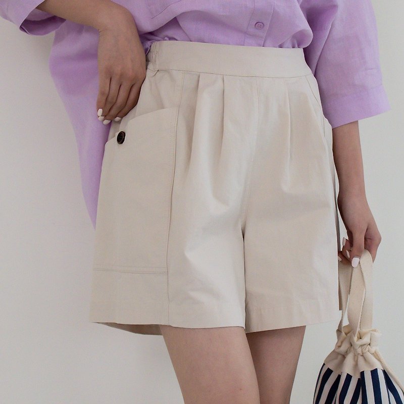 Comfortable Cotton Breathable Casual Shorts Linen Ben F - กางเกง - ผ้าฝ้าย/ผ้าลินิน สีกากี