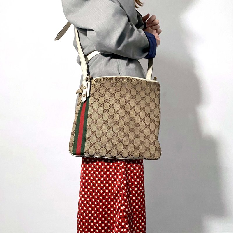 中古GUCCI Monogram手袋斜跨包 嚴重瑕疵 貴婦風意大利二手古著 - 側背包/斜背包 - 真皮 咖啡色