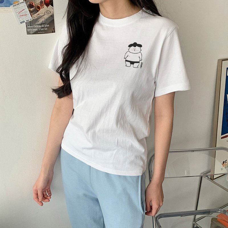 左胸 憂傷相撲男孩 中性短袖T恤 白色 富士山日本東京日文禮物 - 女 T 恤 - 棉．麻 白色