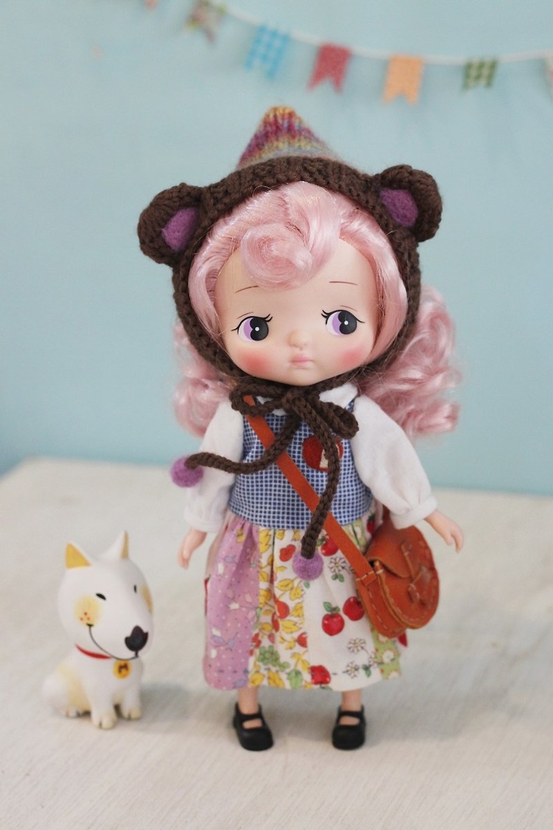 Holala, the size of the girl's head with a straight wig, hand-woven Merino wool segment dyed bear doll hat - หมวก - ขนแกะ สีนำ้ตาล