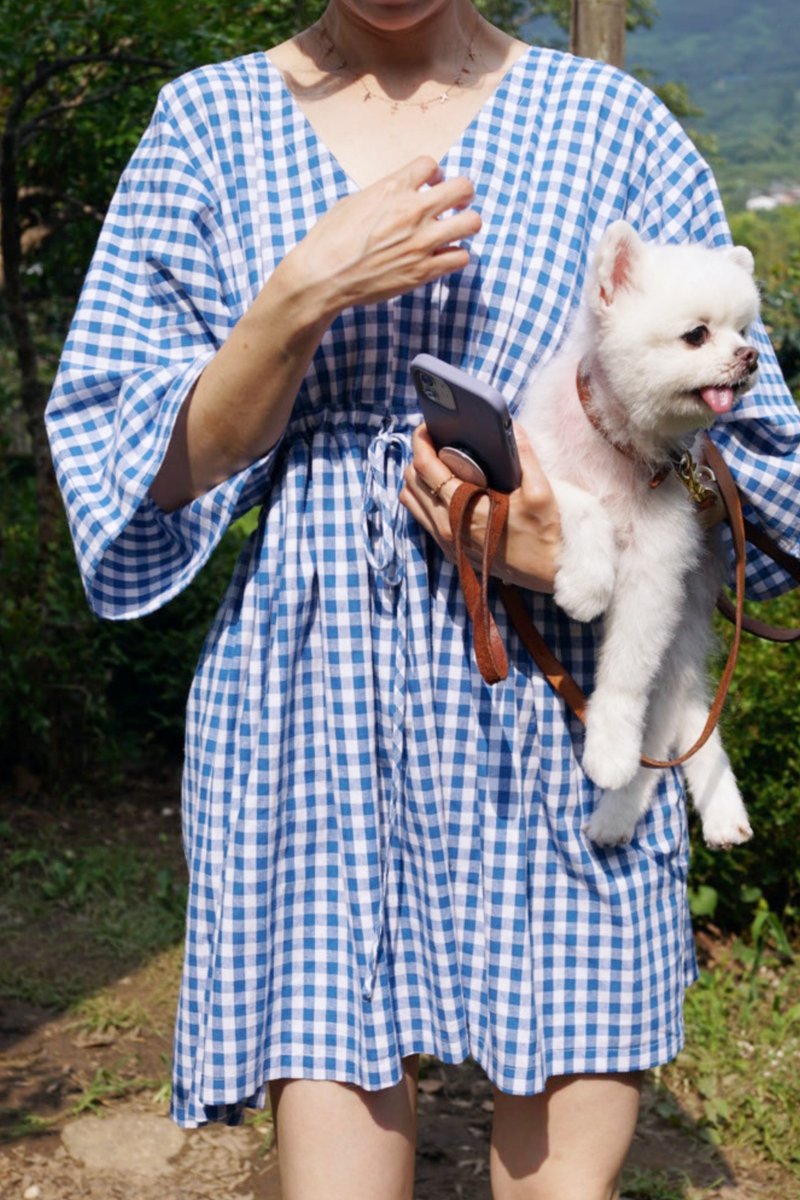 Mini Poncho Dress - Blue Gingham - 洋裝/連身裙 - 棉．麻 藍色