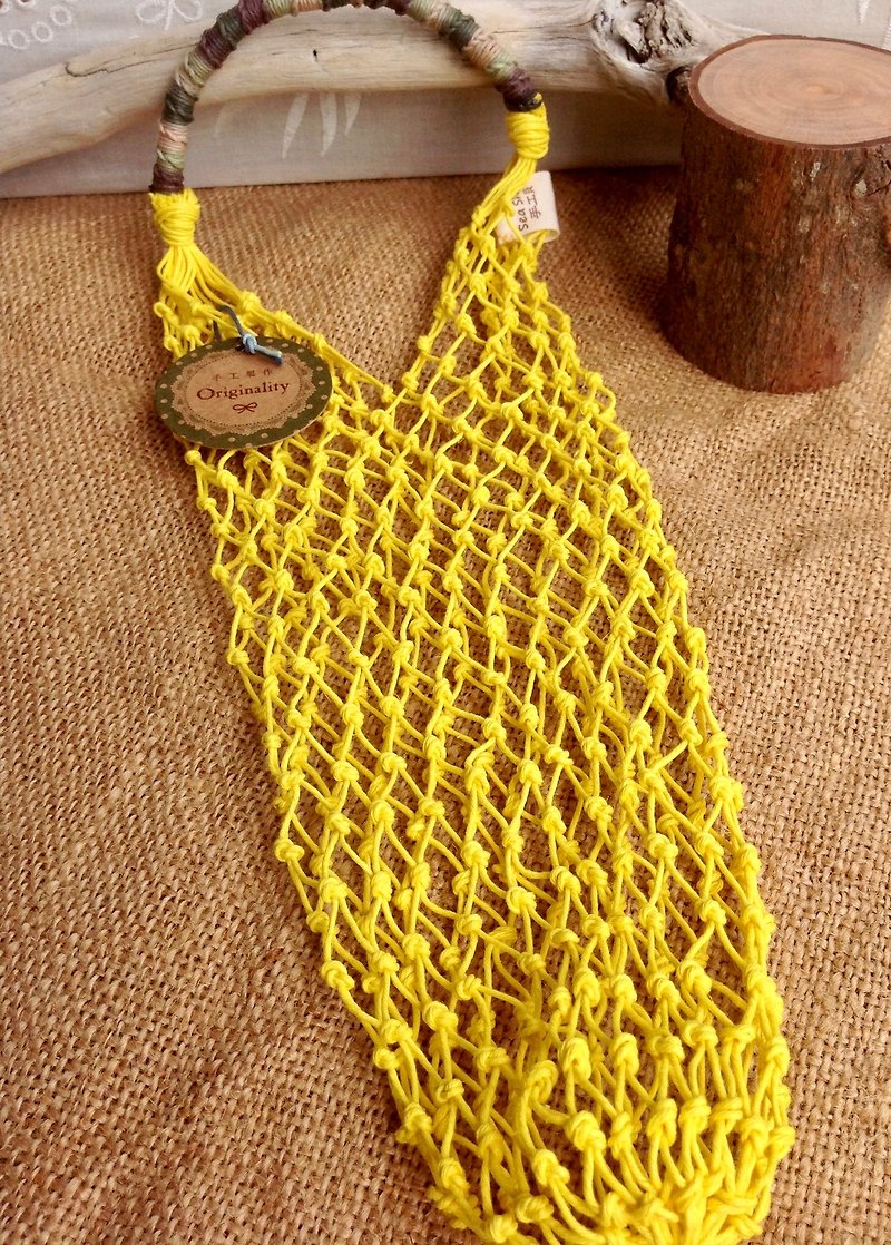 American twine / hand woven bags / large yellow / bottle / hand cup / ice dam cup - Beverage Holders & Bags - Cotton & Hemp Yellow
