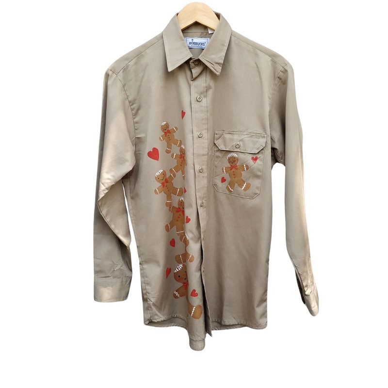 Vintage 70s Roebucks Khaki Custom Print Work Shirt Deadstock condition - 男襯衫/休閒襯衫 - 棉．麻 卡其色