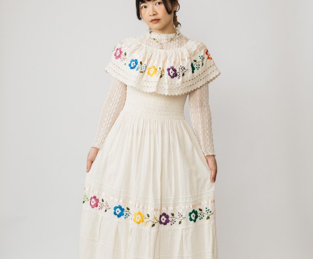 White Hemp Dress with Maxi Embroideries and Ruffles White Hemp Dress with Maxi Embroideries and Ruffles