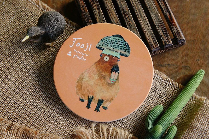 Walnut puffer mushroom mushroom coaster | 啾吉Hand-painted watercolor | Yingge ceramic custom watercolor illustration gift - Coasters - Porcelain Orange