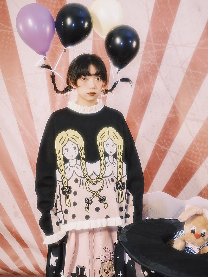 Meugler Niu Chou Island Fantasy Circus Conjoined Girl Cute Dark Gothic Wednesday Jacquard Sweater - Women's Sweaters - Other Man-Made Fibers Black