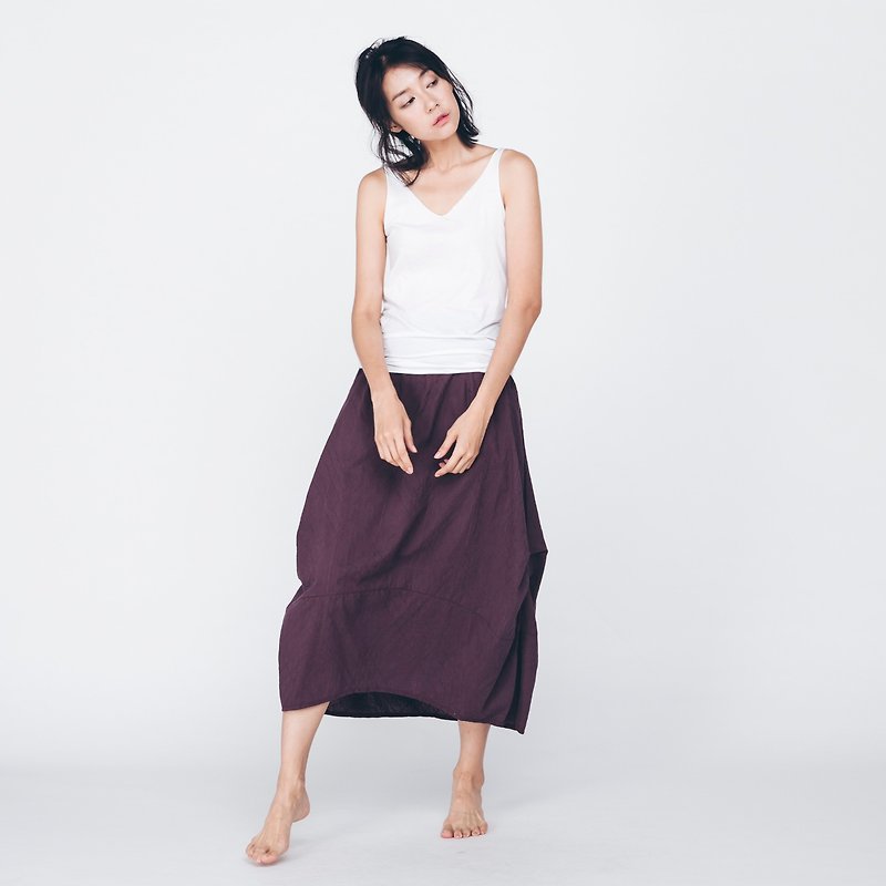 Cotton Round Skirt - Burgundy - Long Skirt - กระโปรง - ผ้าฝ้าย/ผ้าลินิน สีม่วง