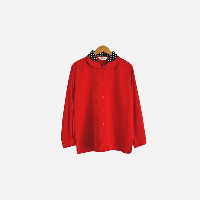 Dislocated Vintage / Black and White Jade Collar Red Shirt no.652 vintage - Women's Shirts - Other Materials Red