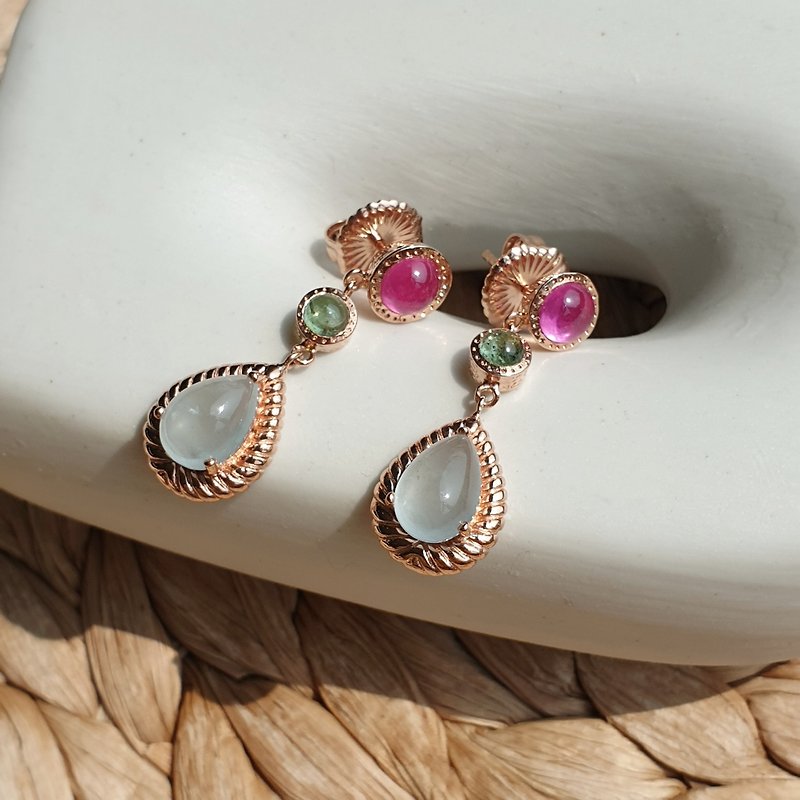 Ruby, green tourmalime, aquamarine earrings in silver with rose gold plated. - Earrings & Clip-ons - Gemstone Multicolor