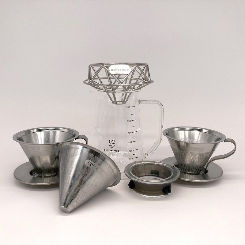 套組1-2人份 V60標準版+風味版+風味加強版+鑽石分享壺+鑽石濾架 - 咖啡壺/咖啡器具 - 不鏽鋼 