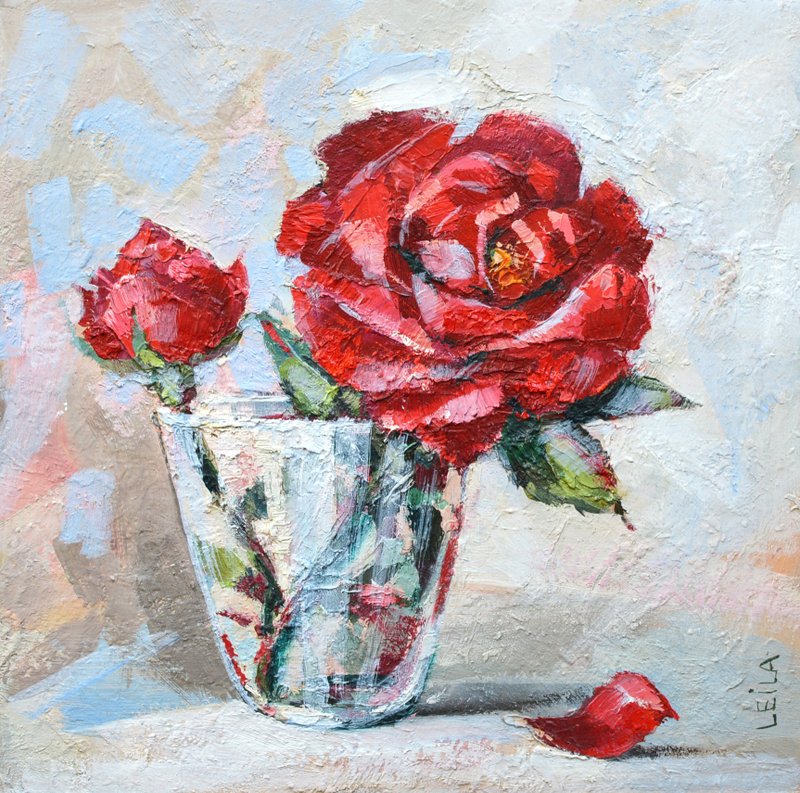 玫瑰原創油畫 20x20cm 現代繪畫 當代紅色花朵 - 插畫/繪畫/寫字 - 其他材質 紅色
