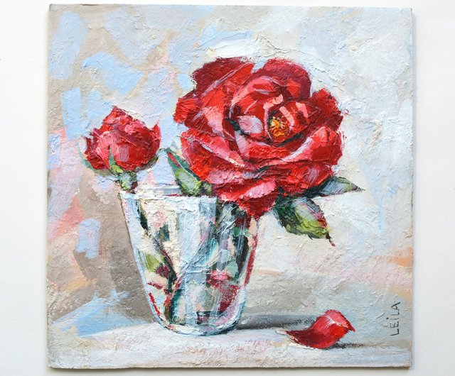 バラのオリジナル油絵 20x20cm 現代絵画 現代風 赤い花 - ショップ