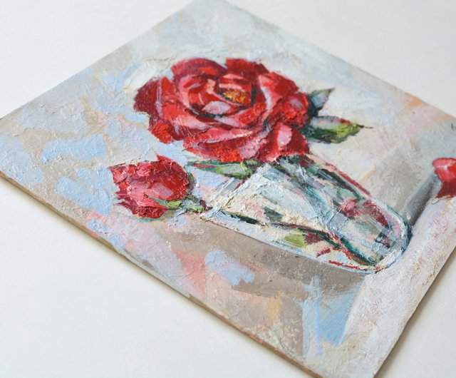 バラのオリジナル油絵 20x20cm 現代絵画 現代風 赤い花 - ショップ