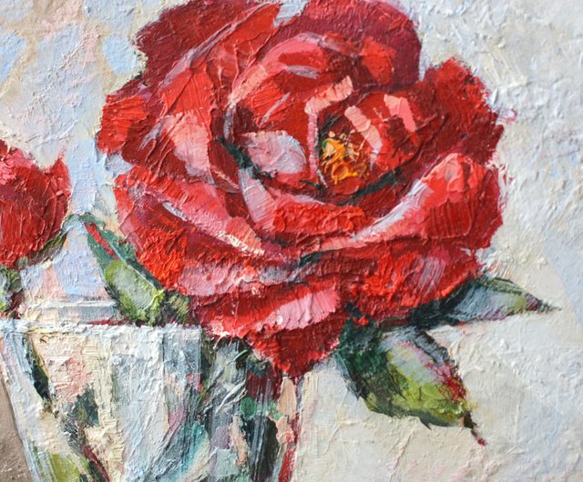 「薔薇」　油絵 バラのオリジナル油絵 20x20cm 現代絵画 現代風 赤い花 - ショップ