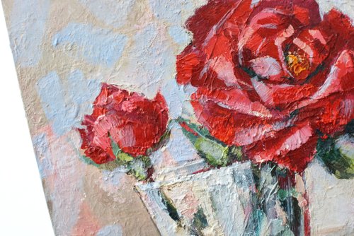バラのオリジナル油絵 20x20cm 現代絵画 現代風 赤い花 - ショップ