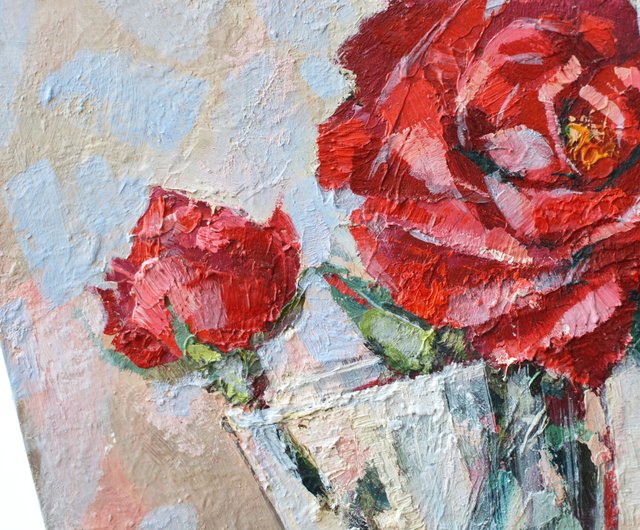 バラのオリジナル油絵 20x20cm 現代絵画 現代風 赤い花 - ショップ