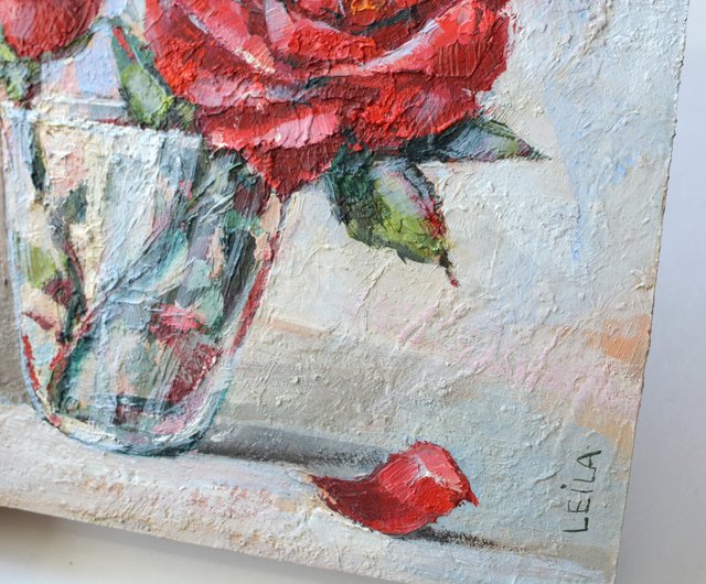 バラのオリジナル油絵 20x20cm 現代絵画 現代風 赤い花 - ショップ