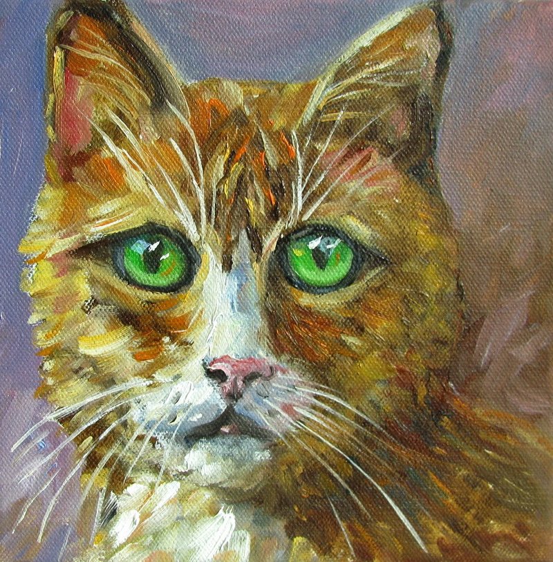 Cat portrait Original small size oil painting - ตกแต่งผนัง - วัสดุอื่นๆ หลากหลายสี