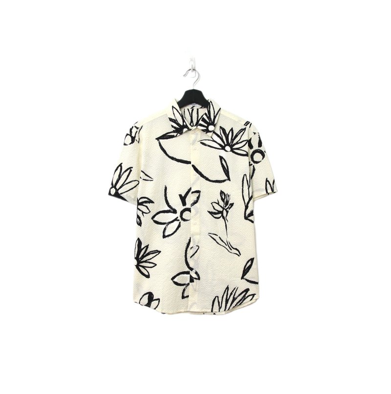 Back to Green-絲滑花襯衫 象牙白花朵 sw-08/vintage shirts - 男襯衫/休閒襯衫 - 聚酯纖維 