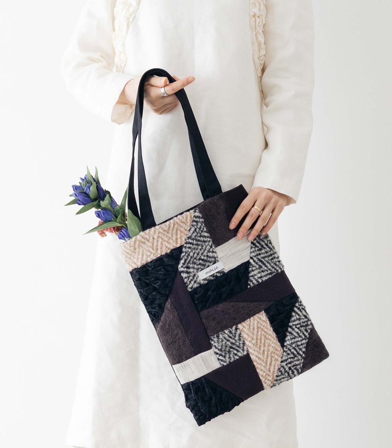 【One-of-a-kind】Patchwork Tote Bag 04 - Handbags & Totes - Wool Black