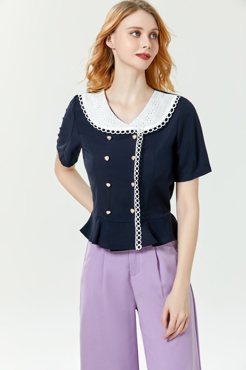 Double Breasted Heart Button Lace Collar Shirt | Dark Blue - Women's Tops - Polyester Blue