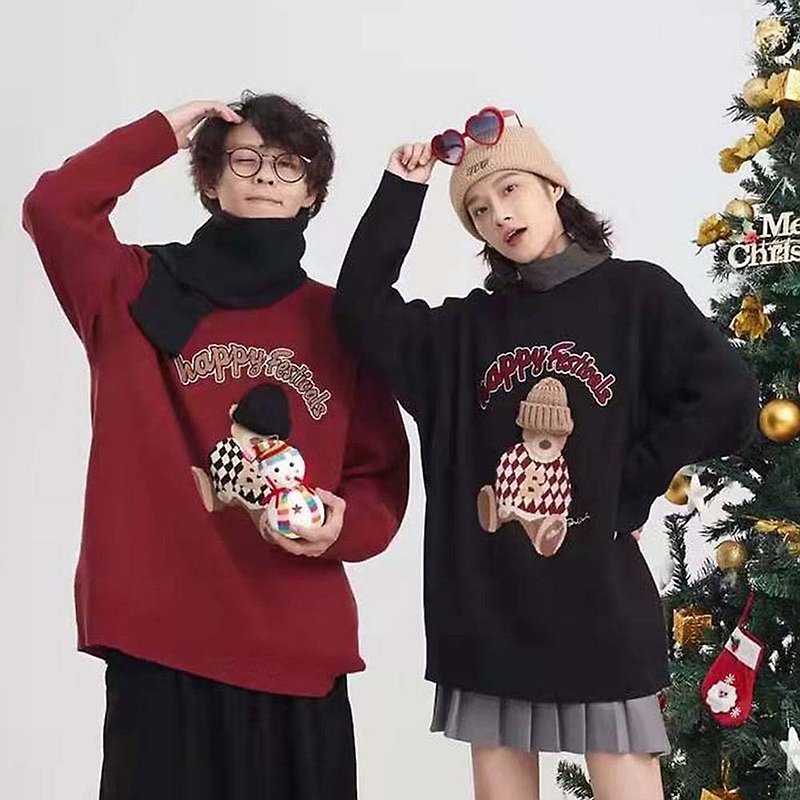Merry Christmas bear embroidery sweater collar turtleneck sweater couples coat - Men's Sweaters - Cotton & Hemp 