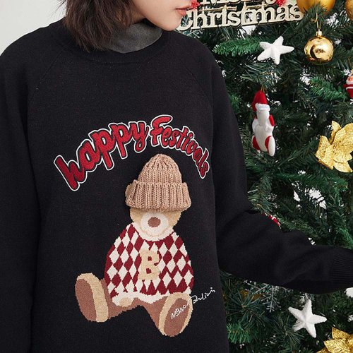 メリークリスマスカブス刺繍セーター丸い领ヘッジニットカップルの上着