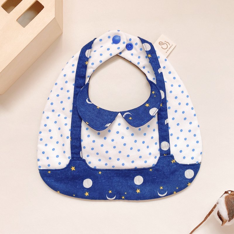 Deep Moon Dots Newsboy Bib Bib Pocket Handmade Bib Bib Handmade Mid-Moon Gift Box Handmade - ผ้ากันเปื้อน - ผ้าฝ้าย/ผ้าลินิน สีน้ำเงิน