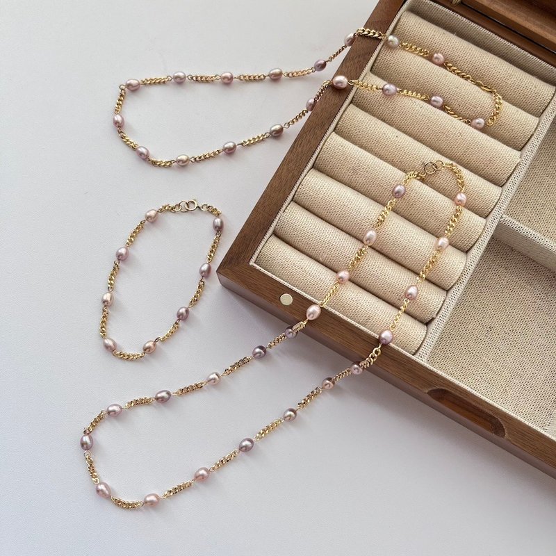 Blush Pearl Gold Link Necklace Bracelet - สร้อยคอ - ไข่มุก สีม่วง