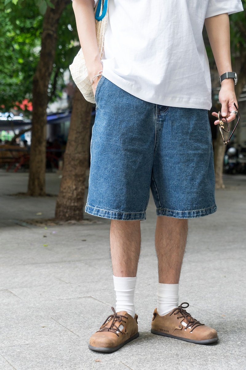 DENIM PANTS 夏カジュアル ウォッシュドデニムショートパンツ 日本のトレンド ゆったりタンニン5点パンツ - パンツ メンズ - コットン・麻 ブルー