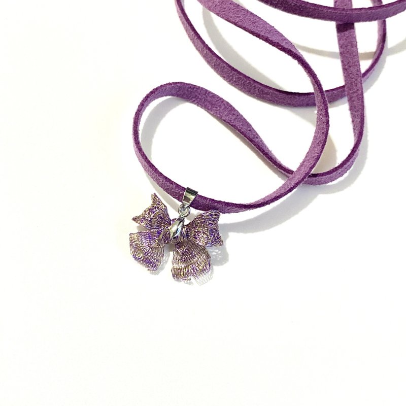 客製化 夢幻紫金色蝴蝶結頸鍊項鍊 - 項鍊 - 其他金屬 紫色