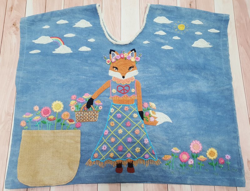 手工刺繡上衣、棉布、天然染料、花卉、狐狸、兔子 - 女上衣/長袖上衣 - 繡線 藍色