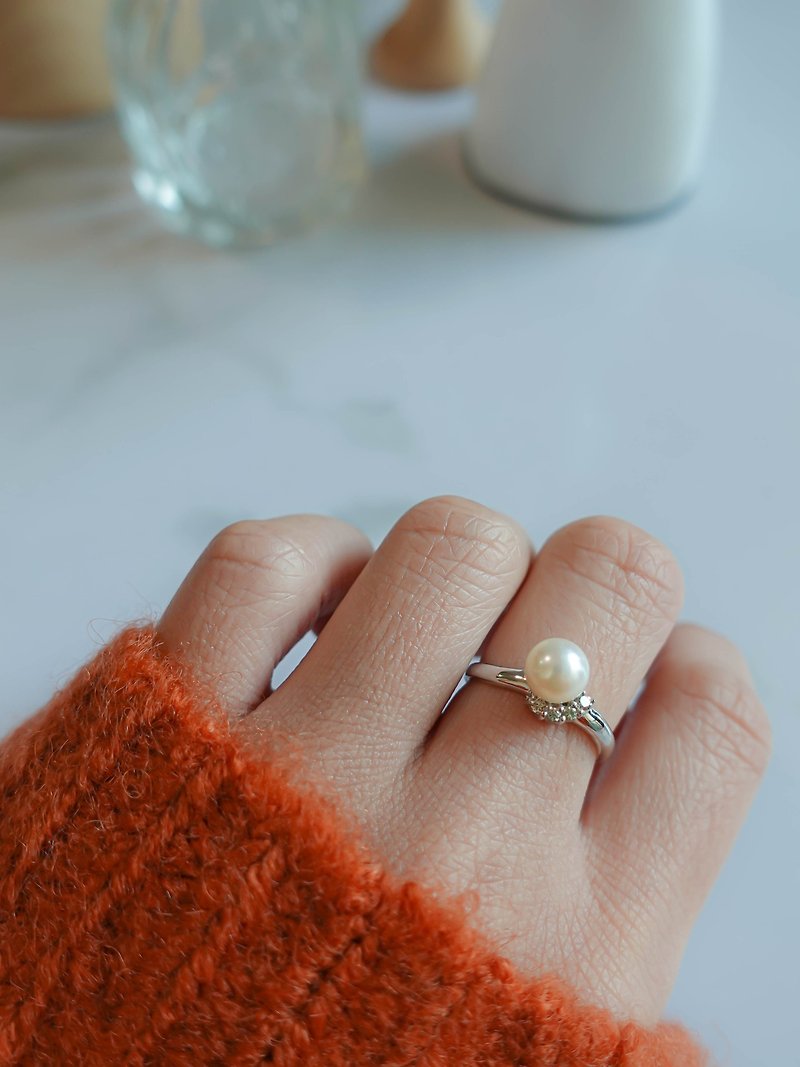 [Spot Sale] 14K White Gold Diamond Pearl Ring Fresh Gold Jewelry Women’s Ring Valentine’s Day Gift - แหวนทั่วไป - เพชร สีทอง